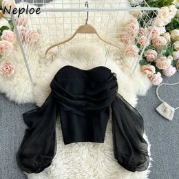 Neploe Sexy Shoulder Strapless Camis Blouse Women Pullover Puff Long Sleeve Slim Fit Blusas Spring Solid Mesh Shirt 210510