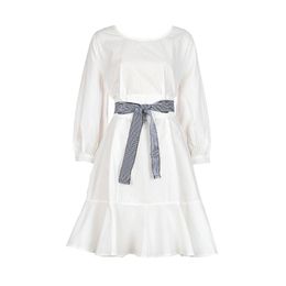 White Solid O Neck Three Quarter Sash Bow Ruffle Mini Short Dress Elegant Sweet D0765 210514