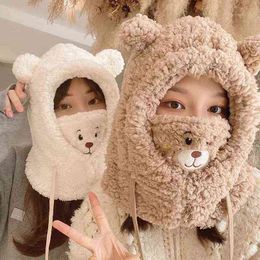 Winter Hat for Women Girls Hat Scarf Set Windproof Warm Beanies Caps Cute Bear Mask Plush Toy For Kids Adults Gift Y21111