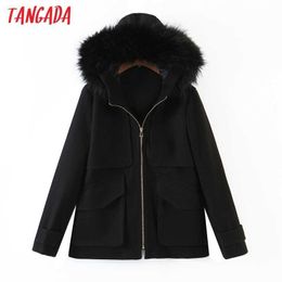 Tangada Women Black Warm Thick Coats Jacket Fur Hood Long Sleeves Pocket Ladies Elegant Winter Coat QW8 210609