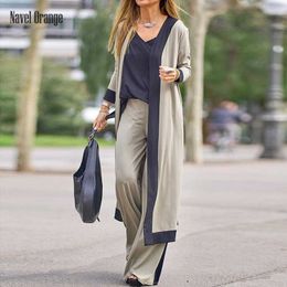 Women Sling Top X-Long Coat Straight Pants 3PCS Suits Loose Elastic Waist V-Neck Full Sleeve Sets Fashion Elegant Streetwear 210930