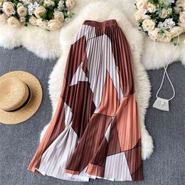 Autumn Winter Long Skirt Gometric Colour Match Elegant Lady Office Pleated High Elastic Waist Female Vintage 210603