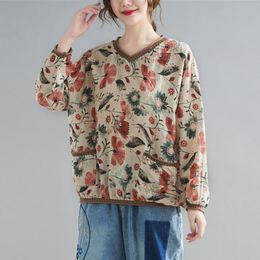 Women Cotton Linen Casual T-shirts New Spring Simple Style Vintage Floral Print Loose Female Long Sleeve Tops Tees S2987 210412