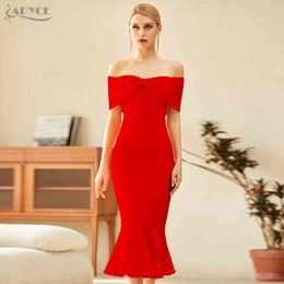 Winter Women Red Off Shoulder Short Sleeve Club Bodycon Bandage Dress Sexy Mermaid Celebrity Runway Party Dresses 210423