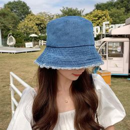 Spring Summer Cowboy Bucket Hat Female Cute Simple Korean Version Of Sunscreen Anti-ultraviolet Tassel Travel Beach Sun Ha Wide Brim Hats
