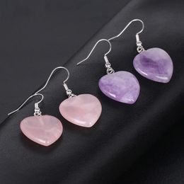 Natural Stone Heart Charms Drop Earrings Reiki Healing Hexagonal Dangle Amethyst Lapis Pink Crystal Earring Women Piercing Jewelry