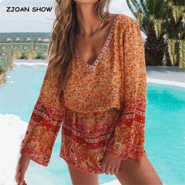 Bohemian Women V neck Location Flower Print Dress Summer Girl's Holiday Flare Long Sleeve Loose Mini Short Dresses Orange 210429