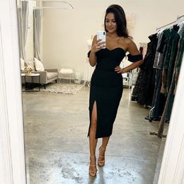 Tea Length Black Evening Dresses 2021 Off Shoulder Side Slit Sheath Prom Gowns Formal Party Dresses robe de mariee