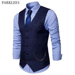 Mens Slim Fit Single Breasted Suit Vest Chaleco Hombre Fashion Chain Sleeveless Waistcoat Men Formal Wedding Dress Vests 210522
