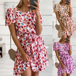 Casual Dresses Fashion Colourful Ladies Sweet Dress Floral Print Puff Short Sleeve High Waist Lace Up Daily Wear Flowers