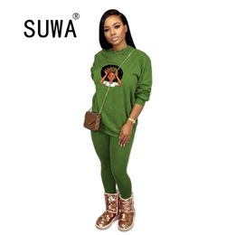 Two-piece Casual Cartoon Print Home Wear Women Pant Set Long Sleeve Pullover T-Shirt Top High Waist Trousers Tracksuit 210525