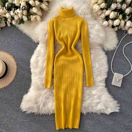 Neploe Solid Colour Simple Elegant Turtleneck Sweaters Dress Autumn Winter Slim Fit Knitted Vestidos New Warm All-match Dresses 210423