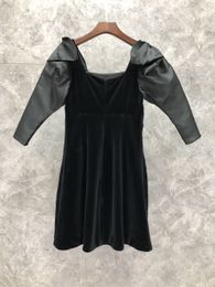 Xiaozi Western Square Collar Three-Quarter Sleeve French Velvet Dress Womens Autumn European Goods New Celebrity Short Skirt 9R