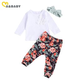 0-24M Spring Autumn born Infant Baby Girl Clothes Set Lace Floral Long Sleeve T shirt Flower Pants Outfits 210515