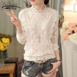 Arrival Autumn Women Blouses Long Sleeve Fashion Casual Chiffon Shirts Stand Floral Lace Plus Size Tops 07F 25 210427