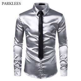 2pcs Silver Silk Shirt+Tie Mens Satin Smooth Tuxedo Shirts Casual Button Down Men Dress Shirts Wedding Party Prom Chemise Homme 210708