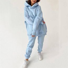 Women's Fleece Tracksuit Oversized Hooded Suit Solid Hoodies Top And Jogger Pants 2 Pieces Sets Female Autumn Winter Casual 211116