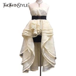 TWOTWINSTYLE Elegant Strapless Dress For Women Sleeveless High Waist With Sashes Midi Dresses Female Summer Fashionable 210517