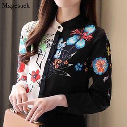 Spring Long Sleeve Chiffon Blouse Shirts Print Casual Plus Size Female Tops Stand Collar Vintage Women Shirt Blusas 8004 50 210512