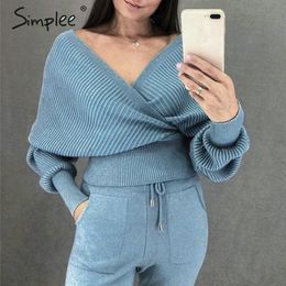 Sexy v neck women knitted sets Two-piece batwing sleeve autumn winter pants suit Elegant ladies sweater set 210414