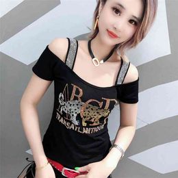 summer Casual T-shirt Fashion Diamond Short sleeve One word collar Top Women T Shirt Plus Size M-3XL 210507