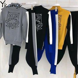Cartoon Embroidery Sweater Tracksuit Two Piece Set Women Korean Zipper Cardigans + Knitted Sweatpants Sports Suit Female Casual 210421