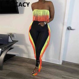 Women Tassels Detail Tube Top and Skinny Pants Set Sexy Summer Two Piece Sexy Suits 210721