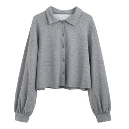 Grey Women Shirts Turn Down Collar Long Sleeve Solid Autumn Chic Elegant Sweet Thick B0710 210514