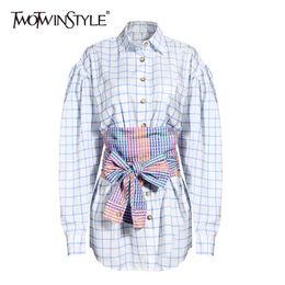 Hit Color Patchwork Plaid Shirt For Women Lapel Collar Long Sleeve Lace Up Elegant Blouse Female Autunm 210524