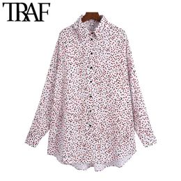 TRAF Women Fashion Oversized Heart Print Blouses Vintage Long Sleeve With Covered Buttons Female Shirts Chic Tops 210415