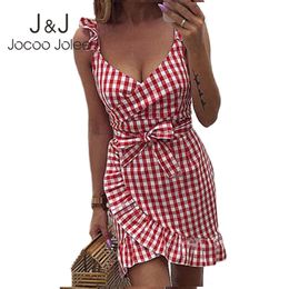 Jocoo Jolee Women Elegant Plaid Mini Dress Casual Sleeveless V Neck Ruffles Lace Up Bodycon Dress Summer Beach Party Dress 210518