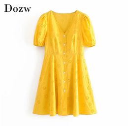 Women Floral Embroidery Mini Dresses Summer V Neck Sweet Paty Short Sleeve Solid Cotton Casual Sundress 210515
