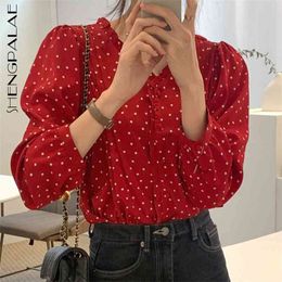 Full Screen Wavelet Dot Blouse Women's Spring V-neck Pleated Wood Ear Binding Button Long Sleeve Shirt 5A129 210427