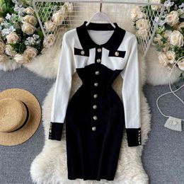 Women Fashion Stitching Retro Single-breasted Button-down Sexy Package Hip Knitted Dress Long Sleeve Vestidos De Mujer P491 210527