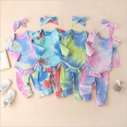 Kids Designer Clothes Girls Tie-dye Clothing Sets Long Sleeve Article Pit Striped Rompers Pants Headband Outfits Jumpsuits Trousers Hairband Suits B7777