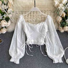 Women's Shirt and Blouse Fashion Spring Autumn Square Collar Puff Long Sleeve Embroidery Lace Hollow Out Bandage Cropped Top 210603