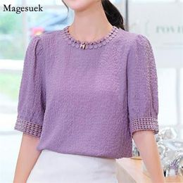 Pleated Short Sleeve Summer Tops Blusas Mujer Korean Solid Chiffon Blouse Women Casual Hollow Plus Size Shirts 10205 210512