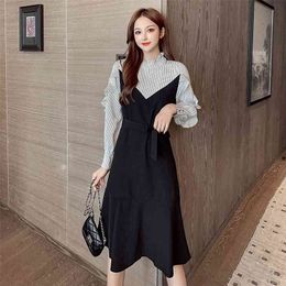 Spring Autumn Women's Dress Retro Korean Splicing Fake Two-piece High Neck Long Sleeve Thin Female es QX917 210507