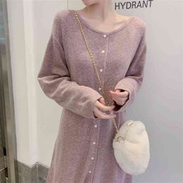 Casual O Neck Knitted Midi Dress Women Long Sleeve Button Up Sweater es Autumn Solid Color Chic With Belt 210515