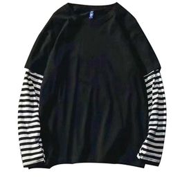 Korean Harajuku Black White Striped Hip Hop T-shirts Men Women Autumn Cotton Fake Two Piece Long Sleeve Loose Tshirt Female X0628
