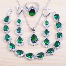 Water Drop Green Cubic Zirconia Silver Colour Jewellery Sets For Women Costume Drop Earrings/Necklace/Bracelet/Ring Best Gift QS181 H1022