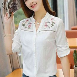 Fashion Floral Embroidery Women's Blouse Long Sleeve Tops Blusas White Office Lady Shirt Women Clothing D839 30 210415