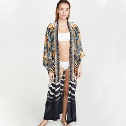 Multicoloured Bikini Cover-ups Sexy Long Sleeve Boho Summer Beach Dress Plus Size Beachwear Swimsuit Cover Up Q1163 210420