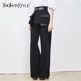 TWOTWINSTYLE High Waist Wide Leg Pants Female with PU Buckle Trumpet Cummerbund Women Fashion Black Trousers Autumn Winter 210915