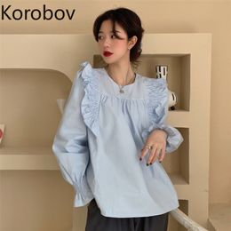 Korobov New O Neck Flare Long Sleeve Women Blouses Korean Elegant Sweet Female Shirts Vintage Ruffles Chic Sweet Shirt 210430