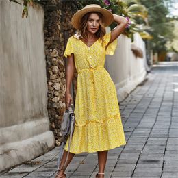 Jastie Boho Floral Print Women Midi Dress Summer V Neck Short Sleeve Dresses Female Vestido Retro Chic Vintage Summer Dress 210419