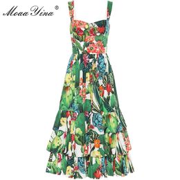 Fashion Designer Cotton Dress Summer Women Spaghetti strap Backless Cactus Floral Print Cascading Ruffle Beach 210524