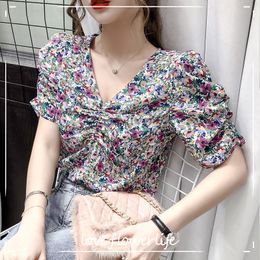 Floral Chiffon Blouses Women Puff Sleeve Summer V-neck Short-Sleeved Top Fashion Arrival Korean Style Tops Ladies 210521