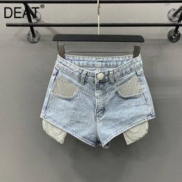 Korean Fashion Iron Drill A-line Wide Leg Pants Leak Pocket Wash Light Blue Jeans Shorts Women Summer GX469 210421