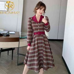 Winter Doll Collar Long-sleeved Patchwork Knitting Plaids Dress Single Breasted Bow Sashes Women Vintage Elegant 210506